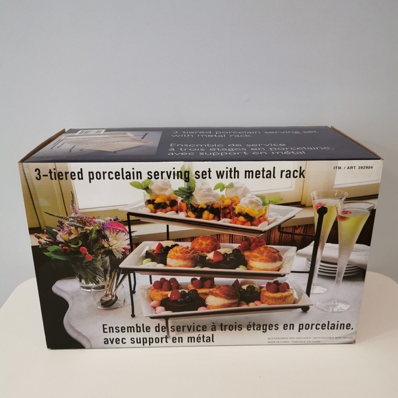 3-Tiered porcelain serving set with metal rack New - Picture 4 of 4